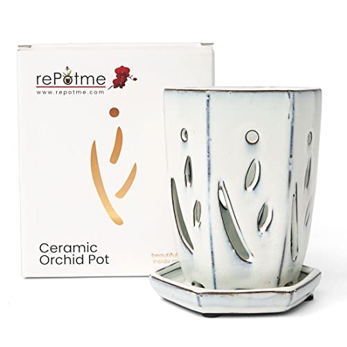 rePotme 4 x 6 inch Ceramic Orchid Pot (White Diamond) - Hexagon Orchid Pot with Holes - Image 1