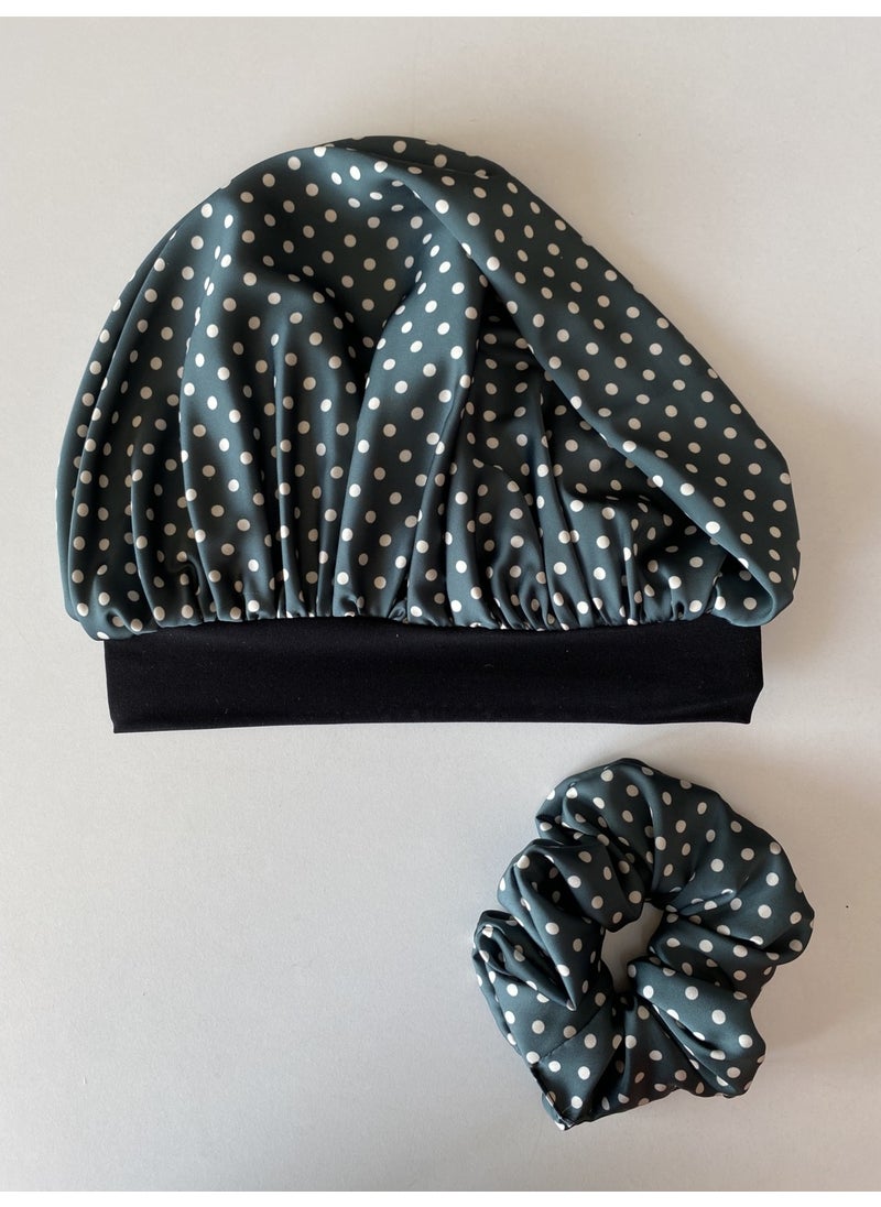 Pistore Green Polka Dot Satin Bonnet and Buckle Set for Curly Hair  - Image 1
