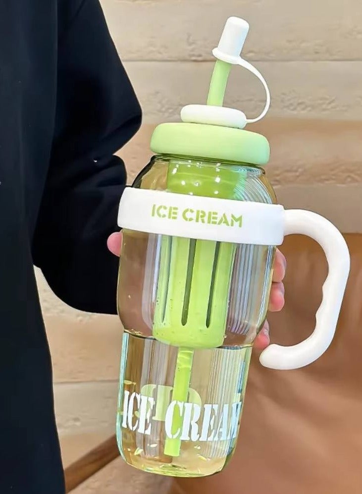 ارواق زجاجة مياه بلاستيكية سعة كبيرة 1300 مل، كوب بلاستيكي لطيف محمول للأطفال مانع للتسرب مع كوب ماء رياضي من القش - Image 1