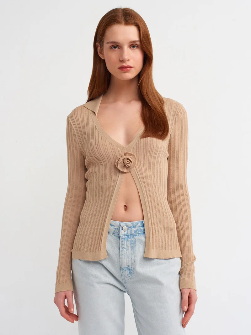 Dilvin 10526 Polo Neck Handmade Flower Detailed Transparent Knitwear Blouse-Beige
