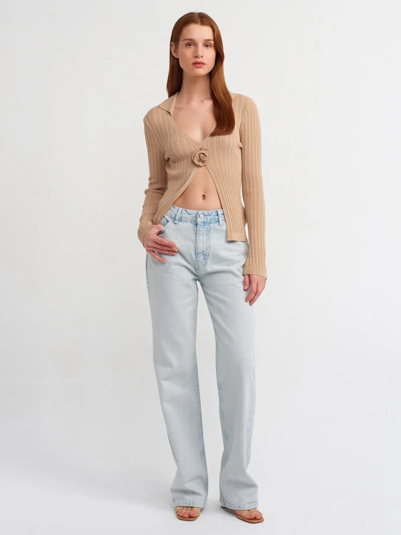 Dilvin 10526 Polo Neck Handmade Flower Detailed Transparent Knitwear Blouse-Beige