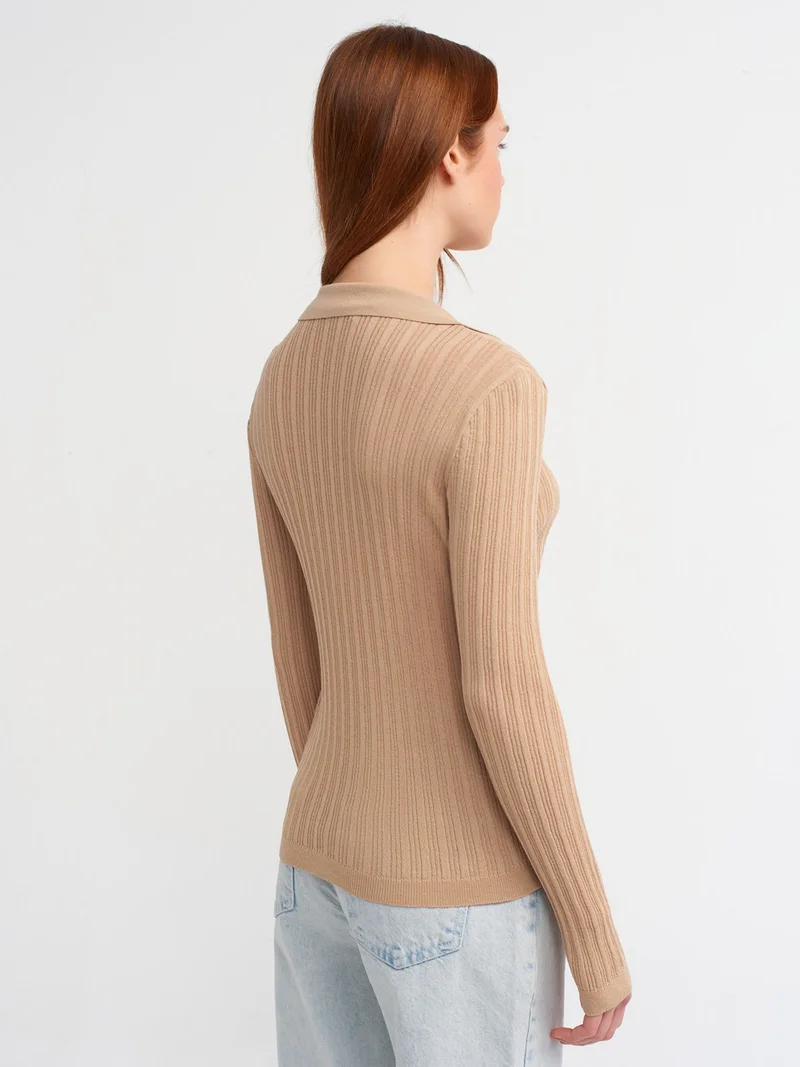 Dilvin 10526 Polo Neck Handmade Flower Detailed Transparent Knitwear Blouse-Beige