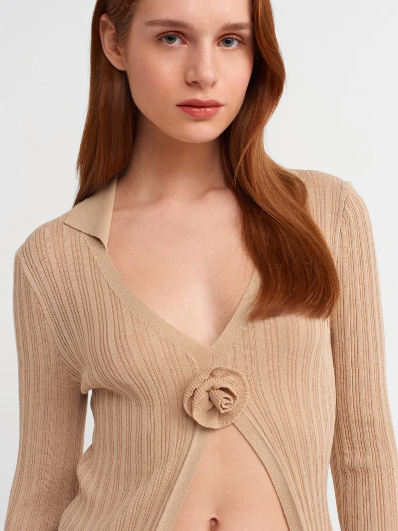 Dilvin 10526 Polo Neck Handmade Flower Detailed Transparent Knitwear Blouse-Beige