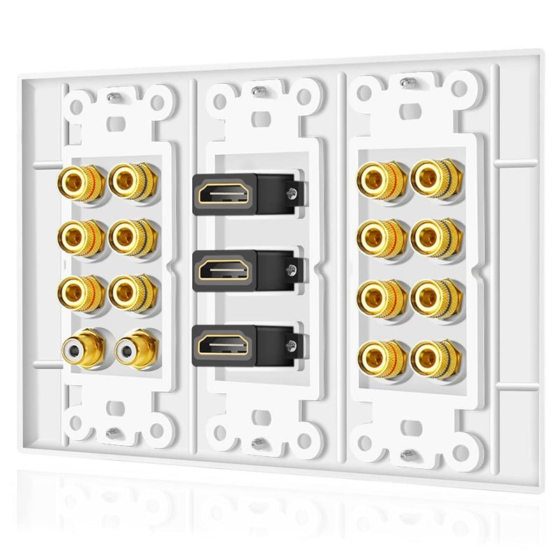 TNP Products TNP Home Theater Wall Plate - 3-Gang 7.2 Surround Sound Distribution w/Premium Gold Plated Copper Banana Binding Post Coupler for 7 Speakers, 2 RCA Jack for Subwoofer, 3 HDMI Port for UHD 4K HD 1080P - Image 4