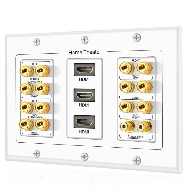 TNP Products TNP Home Theater Wall Plate - 3-Gang 7.2 Surround Sound Distribution w/Premium Gold Plated Copper Banana Binding Post Coupler for 7 Speakers, 2 RCA Jack for Subwoofer, 3 HDMI Port for UHD 4K HD 1080P - Image 1