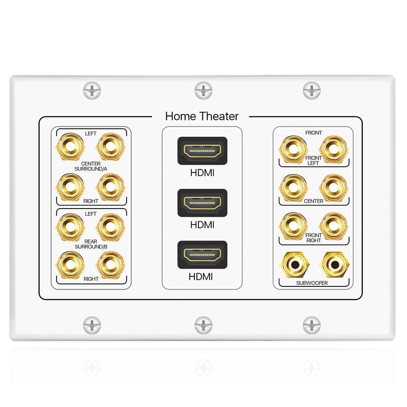 TNP Products TNP Home Theater Wall Plate - 3-Gang 7.2 Surround Sound Distribution w/Premium Gold Plated Copper Banana Binding Post Coupler for 7 Speakers, 2 RCA Jack for Subwoofer, 3 HDMI Port for UHD 4K HD 1080P - Image 2