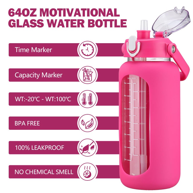 kytffu 64oz Glass Water Bottles with Straw, Half Gallon Motivational Glass Bottle with Silicone Sleeve and Time Marker, 2L Leakproof Large Glass Water Jug for Gym Home Office, Rose Red - Image 2