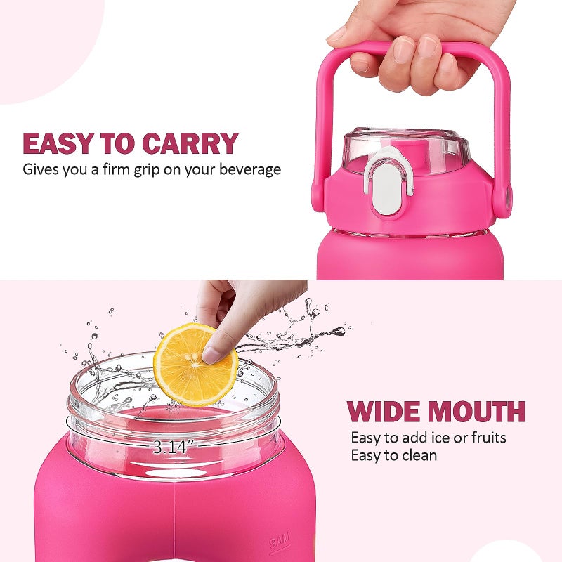 kytffu 64oz Glass Water Bottles with Straw, Half Gallon Motivational Glass Bottle with Silicone Sleeve and Time Marker, 2L Leakproof Large Glass Water Jug for Gym Home Office, Rose Red - Image 5