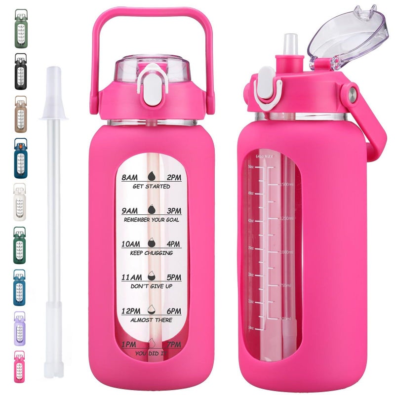 kytffu 64oz Glass Water Bottles with Straw, Half Gallon Motivational Glass Bottle with Silicone Sleeve and Time Marker, 2L Leakproof Large Glass Water Jug for Gym Home Office, Rose Red - Image 1