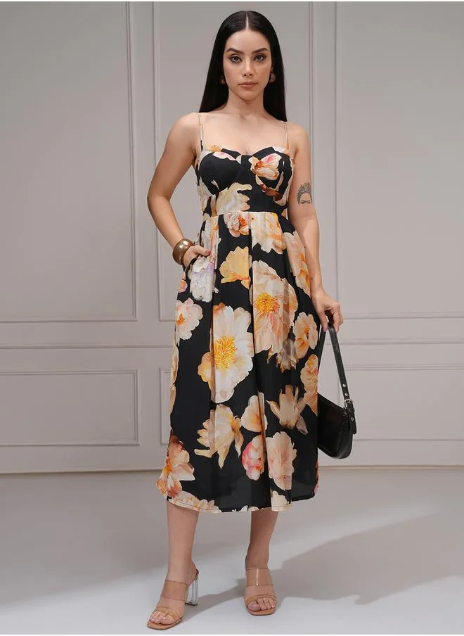 Vishudh Vishudh Floral Print Pleated Strappy A-Line Midi Dress