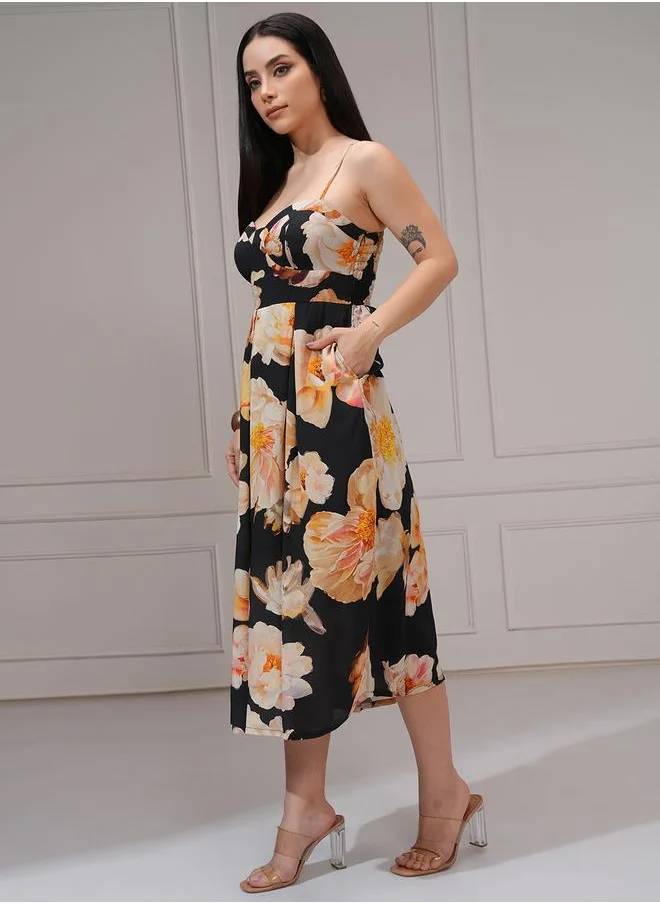 Vishudh Vishudh Floral Print Pleated Strappy A-Line Midi Dress