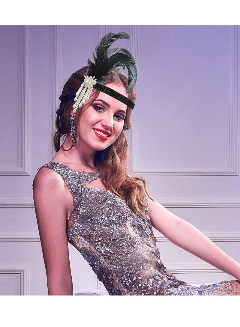 1920s Flapper Headband, Feather Headwear Headpiece Black Head Wear 1920s Fashion Bling Rhinestone Hair Accessories for Women Girls Gatsby Themes Costume Prom Party Decoration (White Beads) - Image 3