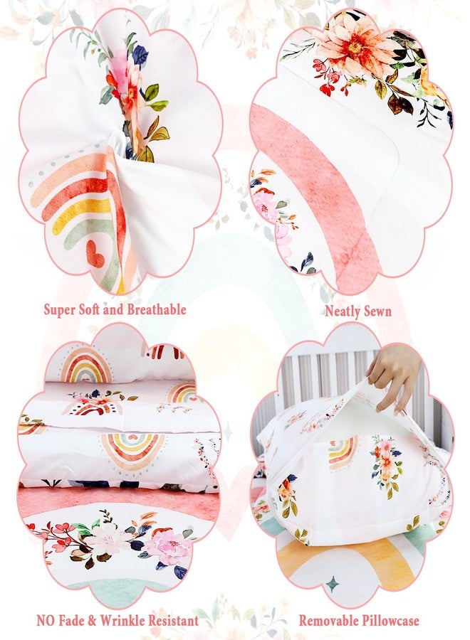 Pea Pod أطقم سرير للأطفال الصغار للفتيات، طقم سرير ق crib قوس قزح 4 قطع بتصميم زهور وردية يشمل ملاءة علوية مسطحة، ملاءة مشدودة، لحاف، غلاف وسادة، ناعم ومريح - Image 3