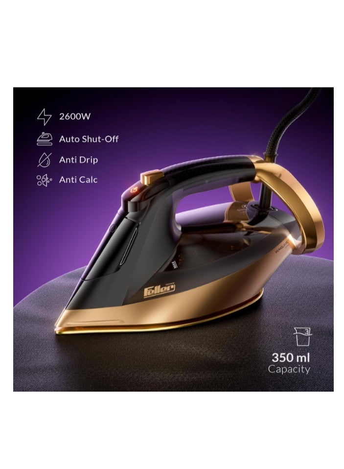 Feller Germany Vanguard Series Steam Iron, 2600W, Prime Gold Ceramic Double Sole Plate with Anti Calc, Auto Shut off, TrueTemp, Easy One Button Steam, SI260, 2Y Guarantee-UAE Version - Image 2