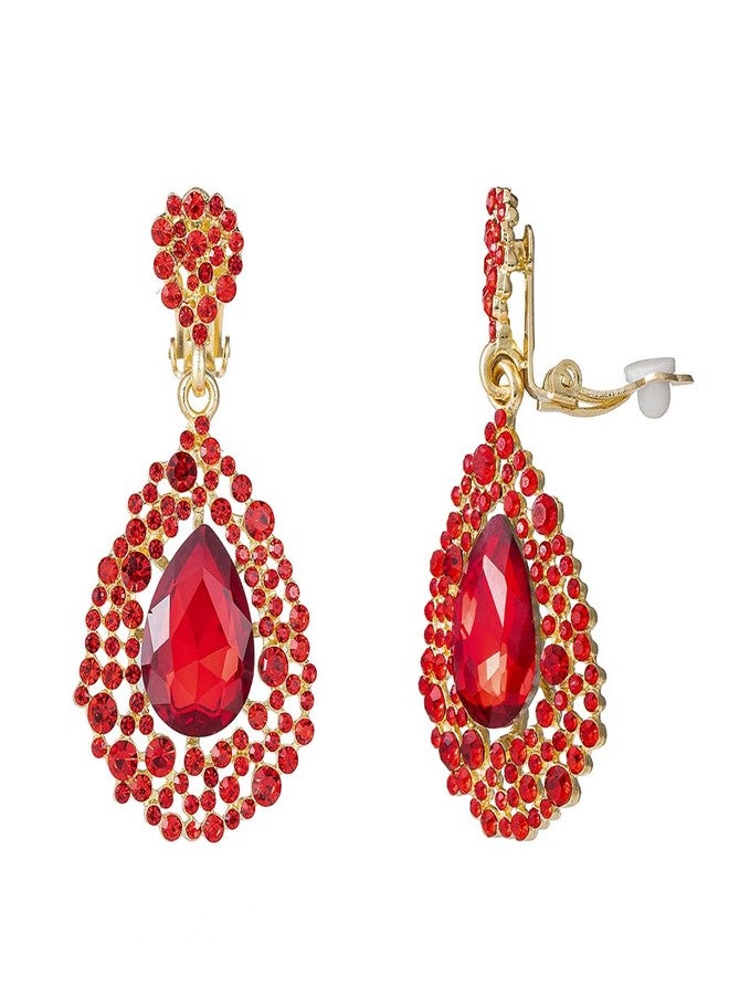 YINLI Full Crystal Hollow Tear Drop Statement Clip on Earrings for Women (Red) - Image 1