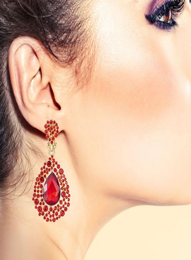 YINLI Full Crystal Hollow Tear Drop Statement Clip on Earrings for Women (Red) - Image 2