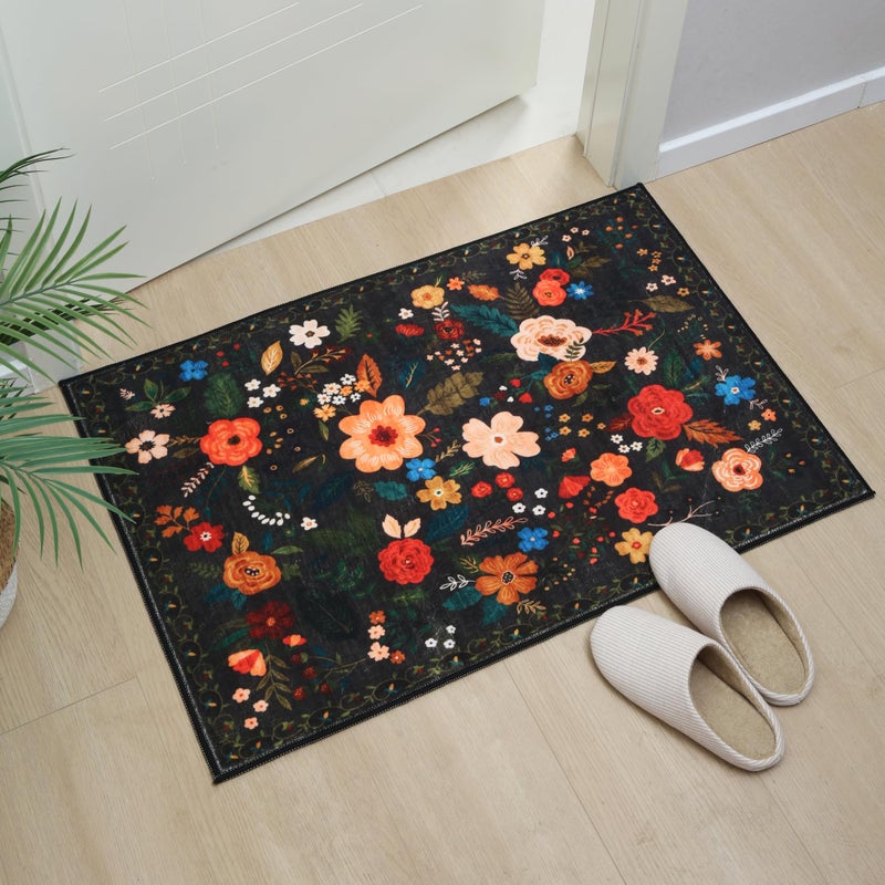 Rugcomf Door Mat Indoor Entrance 2x3 Rug Machine Washable Boho Floral Small Area Rug Non-Slip Low Pile Throw Rugs for Entryway, Kitchen, Front Door Indoor Entrance, Entry, Kids Room (Black) - Image 5