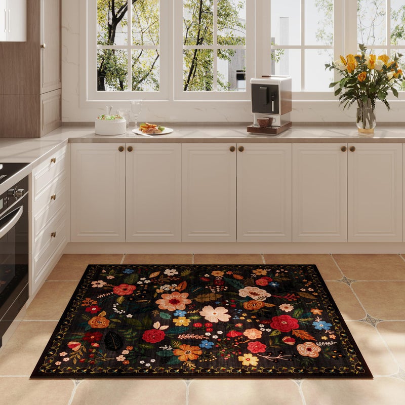 Rugcomf Door Mat Indoor Entrance 2x3 Rug Machine Washable Boho Floral Small Area Rug Non-Slip Low Pile Throw Rugs for Entryway, Kitchen, Front Door Indoor Entrance, Entry, Kids Room (Black) - Image 4