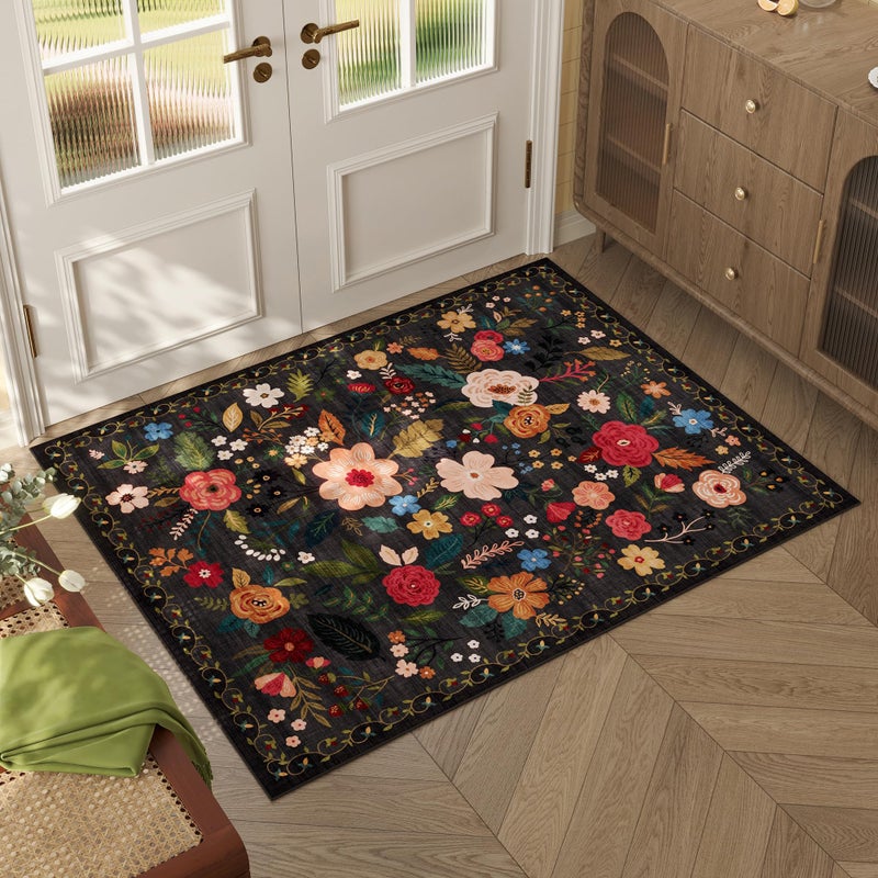 Rugcomf Door Mat Indoor Entrance 2x3 Rug Machine Washable Boho Floral Small Area Rug Non-Slip Low Pile Throw Rugs for Entryway, Kitchen, Front Door Indoor Entrance, Entry, Kids Room (Black) - Image 1