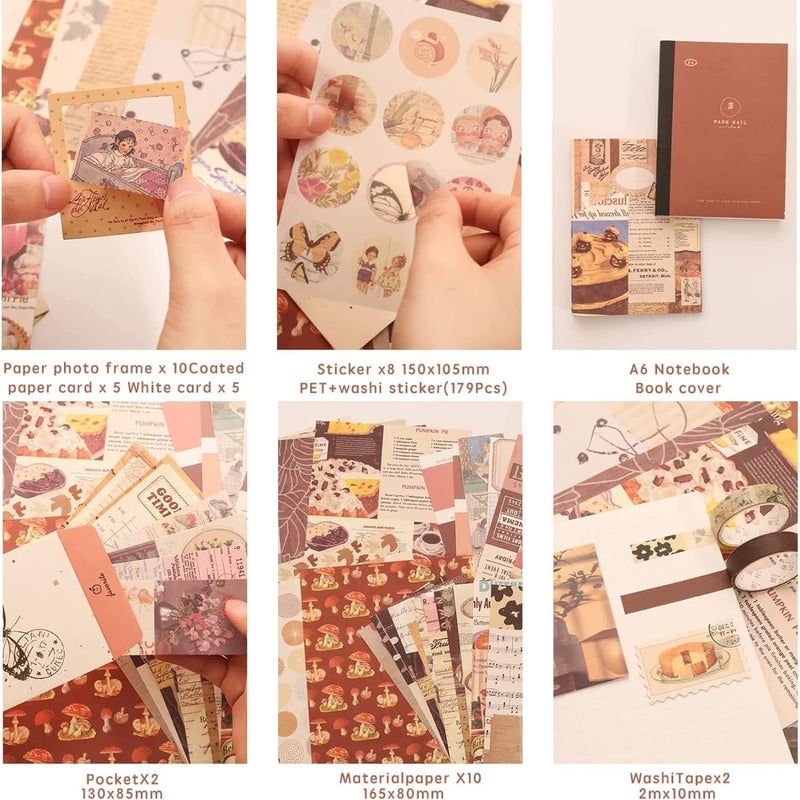 ZUMIE Paper Scrapbook Kit Daily Journal Scrapbooking A6 Grid Notebook Bullet Junk Journal Stationery Notebook DIY Journaling Supplies Birthday Craft Gift Teen Girl Kid Brown Scrapbook - Image 3