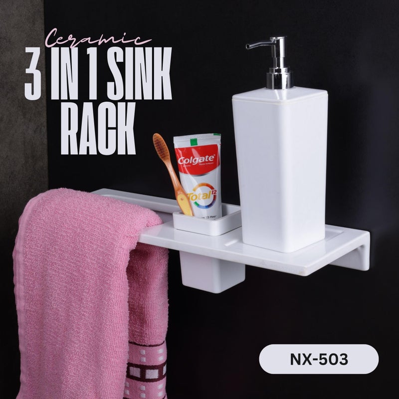 ASIATIQUE ASIATIQUE Premium Ceramic Sink Rack | 3 in 1 - Towel Ring, Brush Holder and Dispenser Stand | No Sharp Edges, Anti-Bacterial, Hard Water Marks Resistant, Rust & Fade Proof | 2 Years Warranty  - Image 2