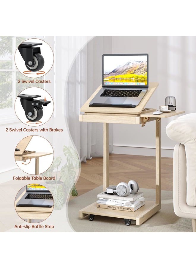 OtterOasis C Shaped End Table, Rolling Side Table with 4-Way Convertible Desktop, Wooden C Table with Multi-Functional Folding Tray & Small Chair, Living Room, Bedroom, White Oak - Image 5
