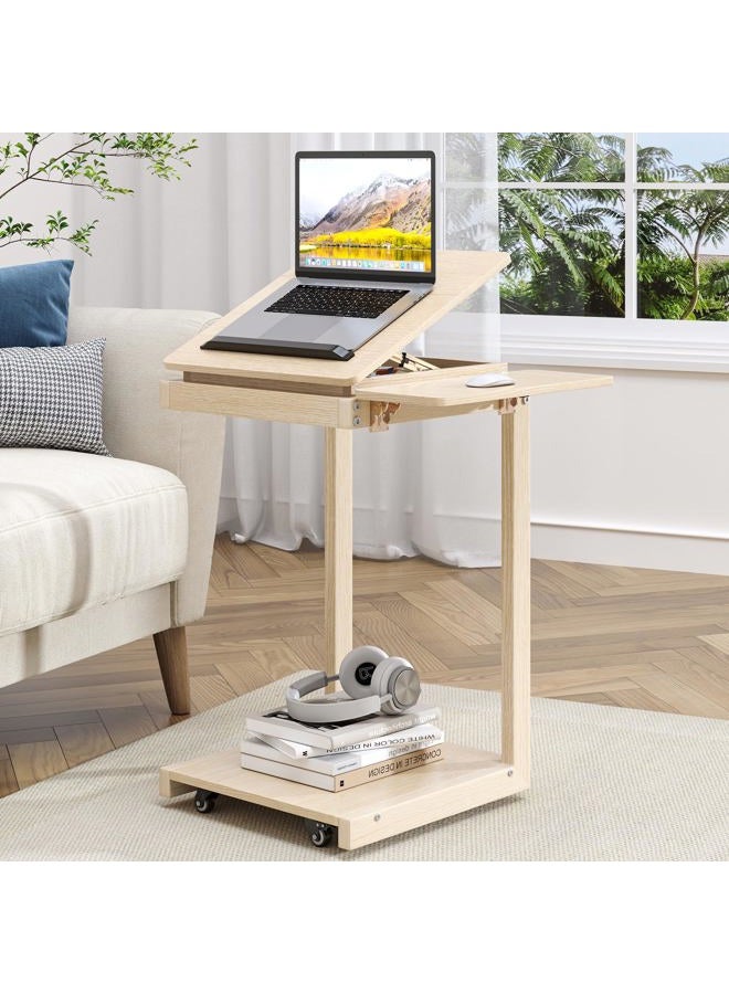 OtterOasis C Shaped End Table, Rolling Side Table with 4-Way Convertible Desktop, Wooden C Table with Multi-Functional Folding Tray & Small Chair, Living Room, Bedroom, White Oak - Image 1