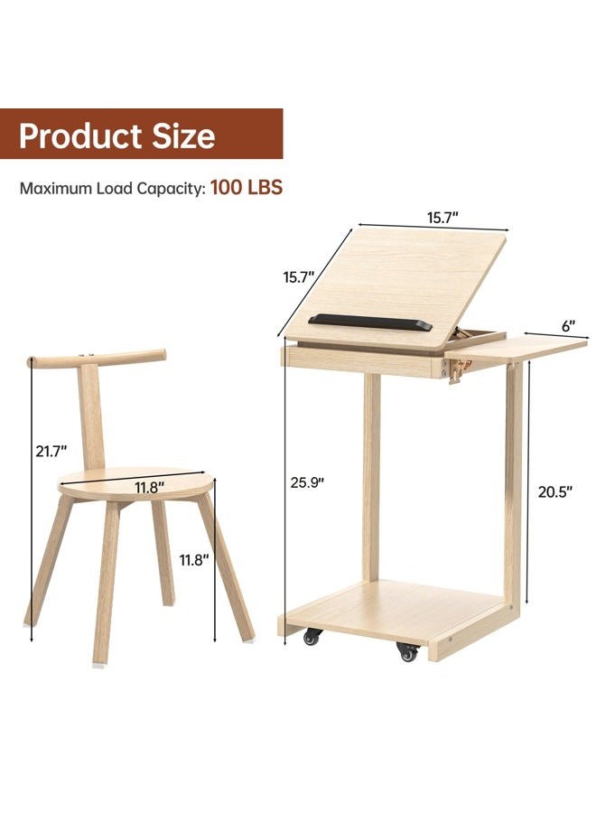 OtterOasis C Shaped End Table, Rolling Side Table with 4-Way Convertible Desktop, Wooden C Table with Multi-Functional Folding Tray & Small Chair, Living Room, Bedroom, White Oak - Image 2