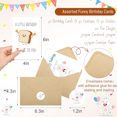 Thboxes 40 Birthday Cards with Envelopes & Stickers Set, 4"x6" Funny Bulk Birthday Card 20 Unique Designs Cute Handmade Greeting Card for Kids, Women, Friends, Family, Work & Office - Image 3