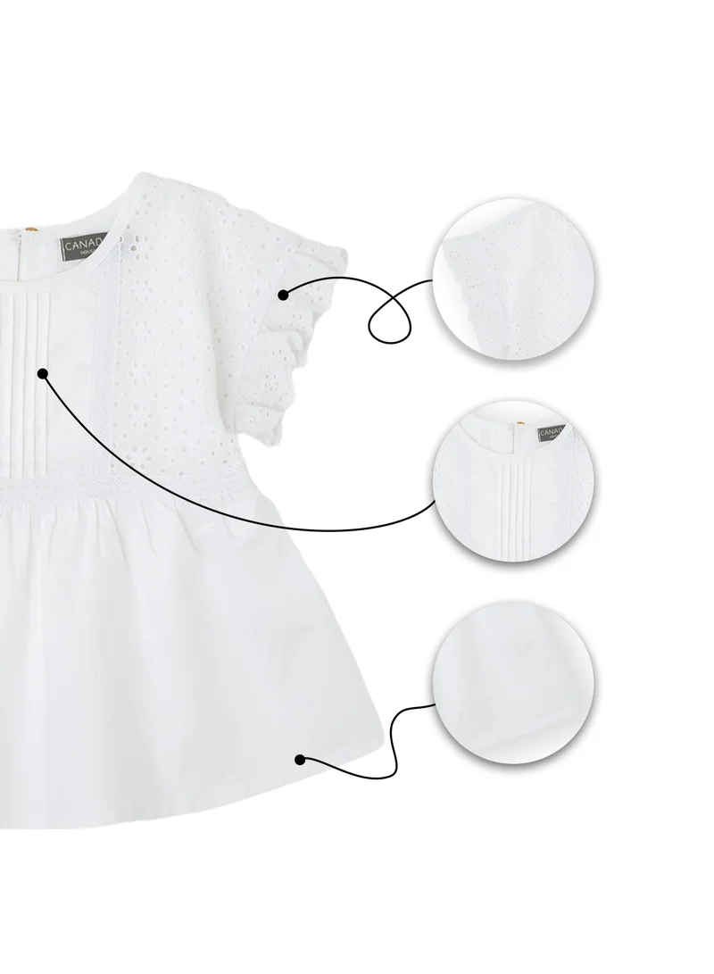 CANADA HOUSE Soft and Comfortable 100% Cotton Delicate Swiss Embroidery Blouse with Ruffle Sleeves Blouse From Spain for Girls White