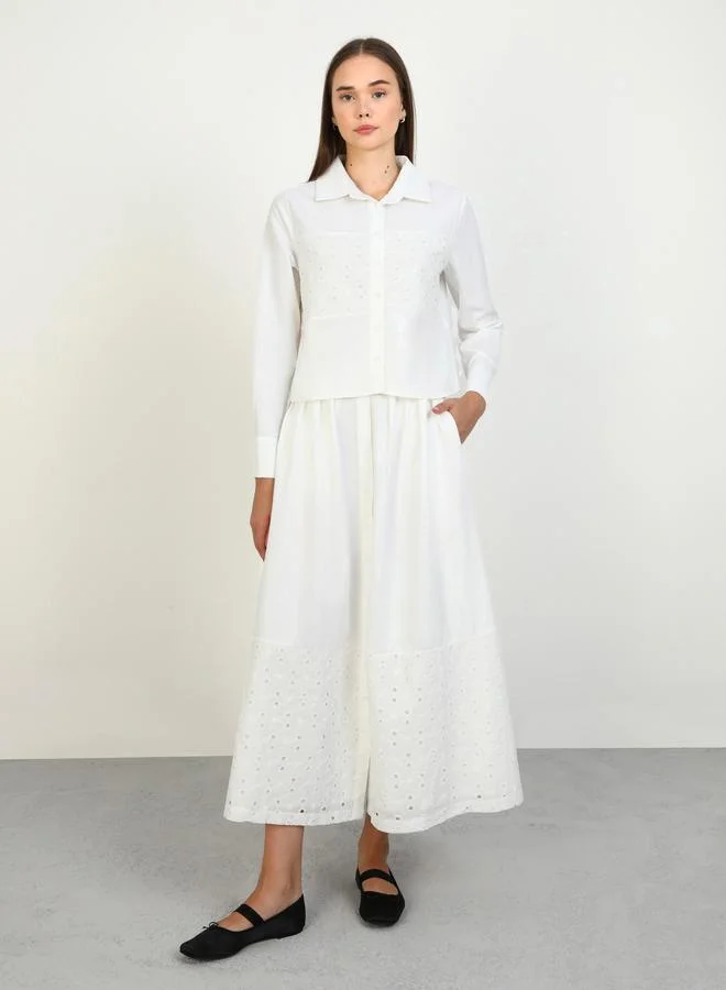 Benin by modanisa Benin by modanisa Off White Buttoned Lace Detail Shirt and Maxi Skirt Co-Ords