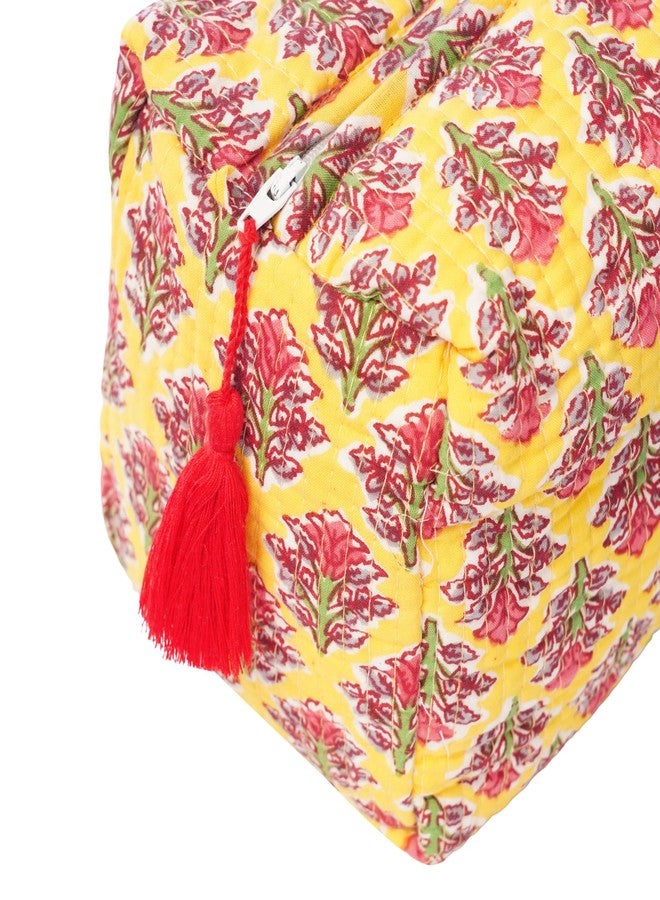 SENORA Quilted Cosmetic & Toiletry Bag for Women & Men | Hanging Travel Makeup Organizer Pouch | Ethnic Floral Print | 23.5 x 11.5 x 17.5 cm | Yellow Colour - Image 3