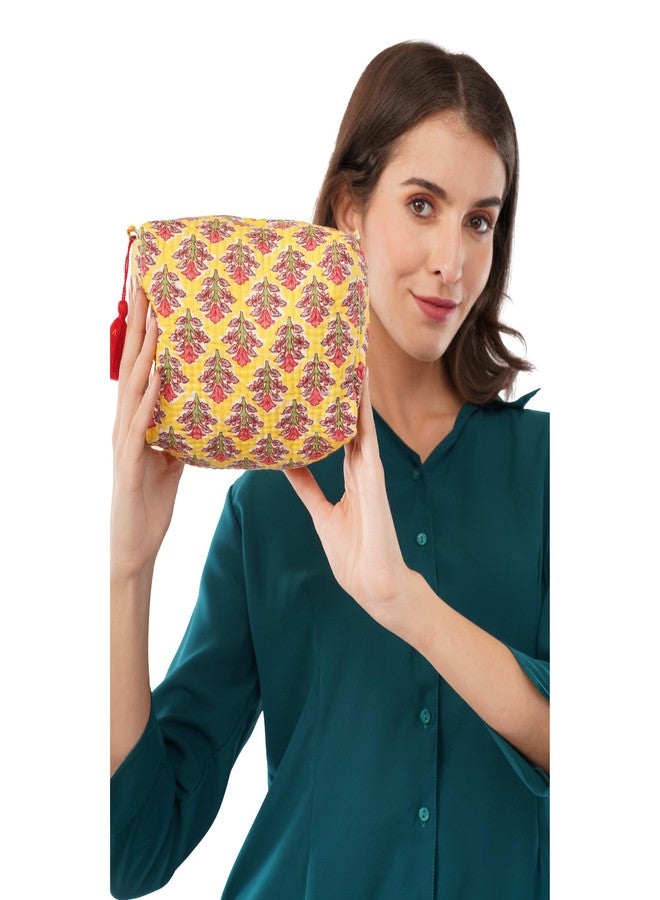 SENORA Quilted Cosmetic & Toiletry Bag for Women & Men | Hanging Travel Makeup Organizer Pouch | Ethnic Floral Print | 23.5 x 11.5 x 17.5 cm | Yellow Colour - Image 5