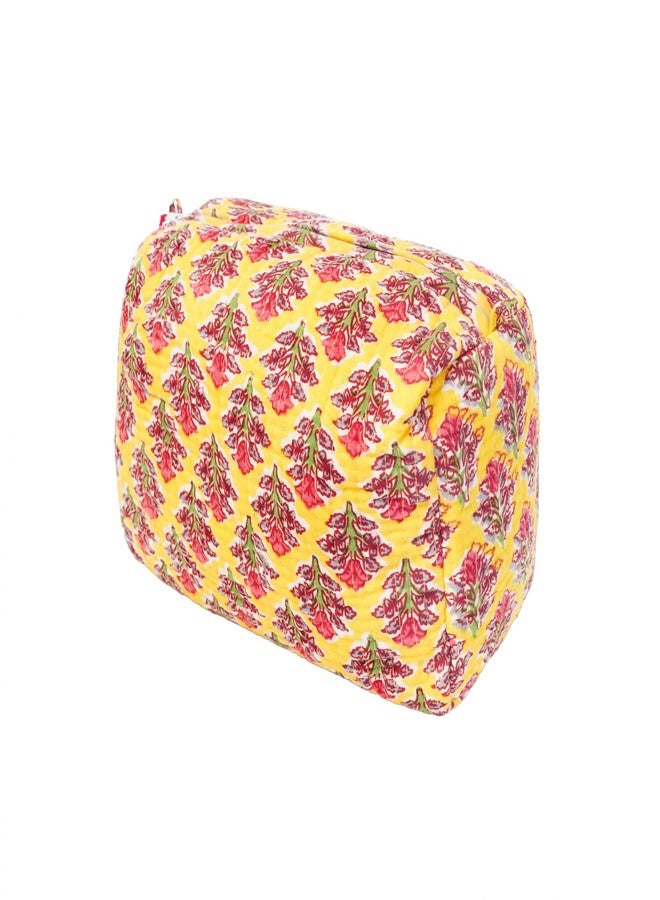 SENORA Quilted Cosmetic & Toiletry Bag for Women & Men | Hanging Travel Makeup Organizer Pouch | Ethnic Floral Print | 23.5 x 11.5 x 17.5 cm | Yellow Colour - Image 2