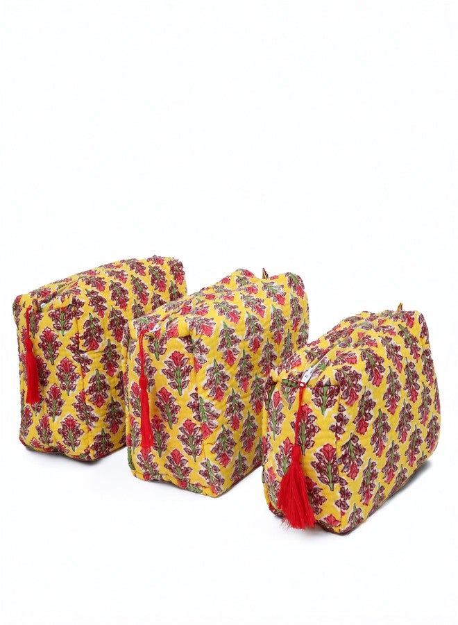 SENORA Quilted Cosmetic & Toiletry Bag for Women & Men | Hanging Travel Makeup Organizer Pouch | Ethnic Floral Print | 23.5 x 11.5 x 17.5 cm | Yellow Colour - Image 1