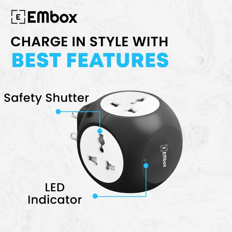 EMBOX مقبس متعدد الاستخدامات ستار كيوب (2.4 أ) مقابس عالمية ومؤشر LED، غطاء أمان 4 طرق لتمديد الطاقة للمكتب المنزلي، أسود - Image 4
