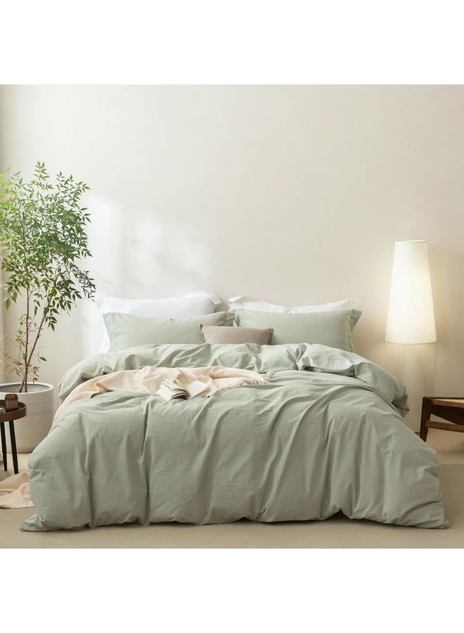 BDEAR Linen Feel Duvet Cover King Size, 100% Washed Cotton Comforter Cover 90x90inch with Zipper Closure Plus 2 Pillowcases, Solid-Sage Green - Image 3