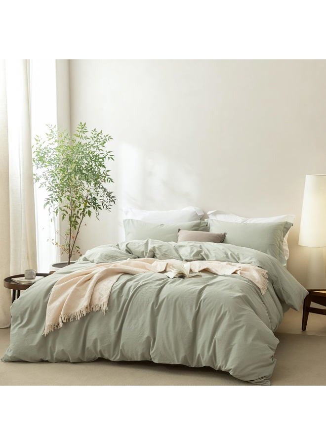 BDEAR Linen Feel Duvet Cover King Size, 100% Washed Cotton Comforter Cover 90x90inch with Zipper Closure Plus 2 Pillowcases, Solid-Sage Green - Image 1
