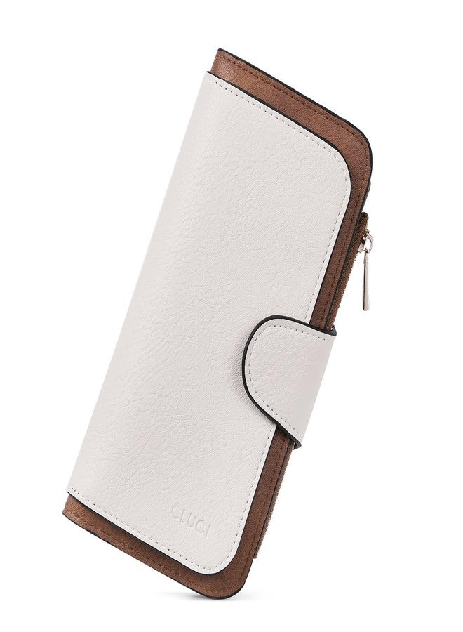 CLUCI Women Wallet Leather RFID Blocking Designer Trifold Card Holder Ladies Clutch with ID Window, z Beige With Brown, LARGE, Classic - Image 1