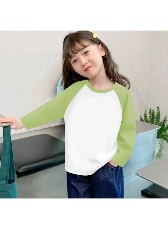 Girls' Slim-fit Base Shirt, New Spring And Autumn Style, Curved Hem, Pure Cotton, Long-sleeve, Versatile Color-blocking, Round Neck T-shirt For Older Children