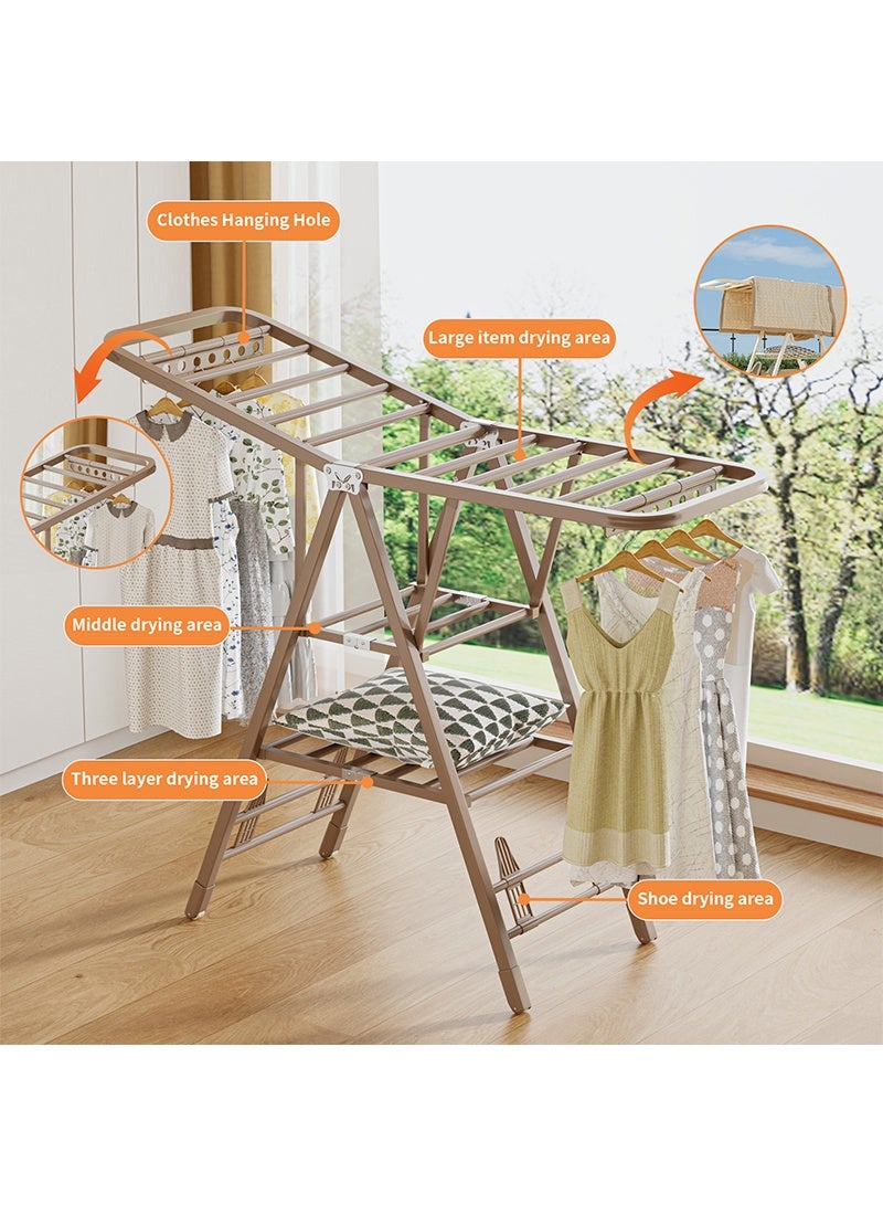 Topyich 3-Tier Clothes Dryer Stand - 1.6M Adjustable Drying Rack, Foldable Carbon Steel Laundry Rack (Champagne Gold) - Image 2