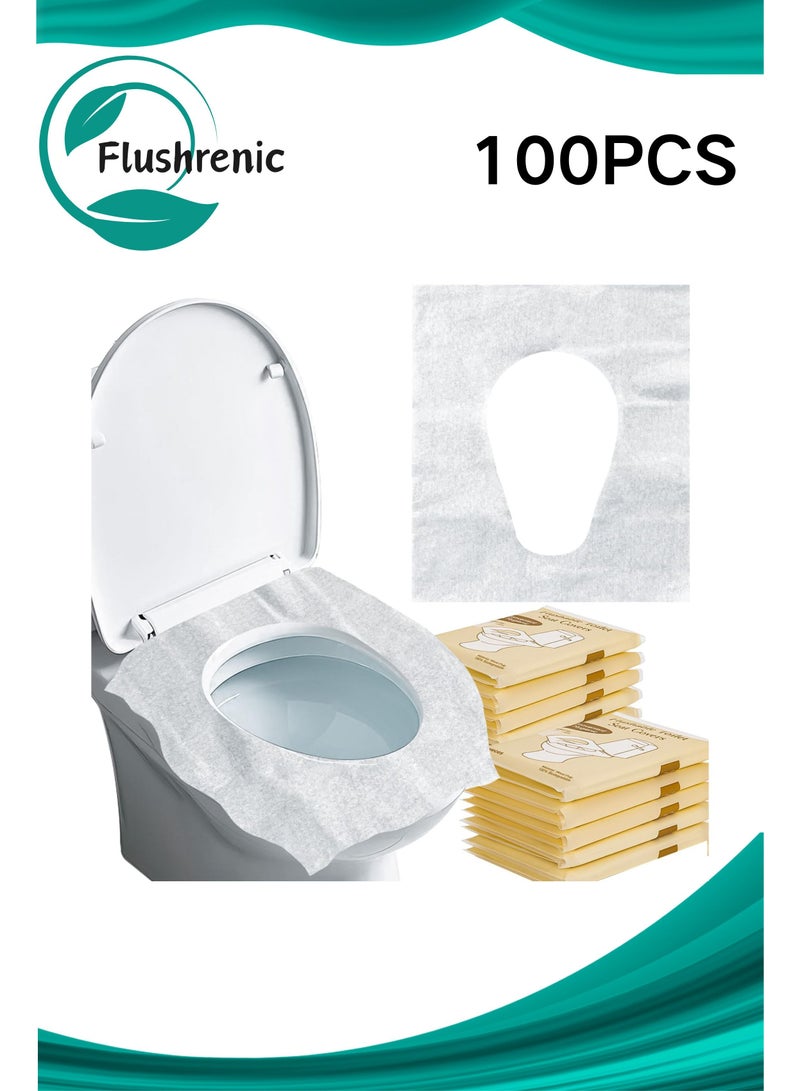 Flushrenic 100-pack disposable toilet seat covers - toilet seat covers, portable toilet seat paper covers, disposable washable bathroom travel camping hotel essentials, no stickers, suitable for adult and child toilet training, high-quality biodegradable accessories for public restrooms, airplanes, camping, and other occasions. - Image 1