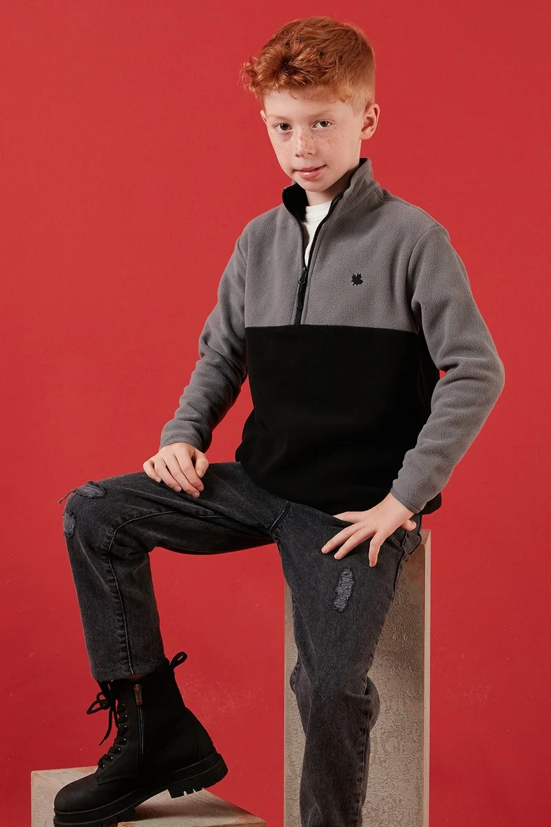 Lela Soft Textured Half Zipper Color Block Stand Collar Fleece Unisex Children's Fleece 5905004