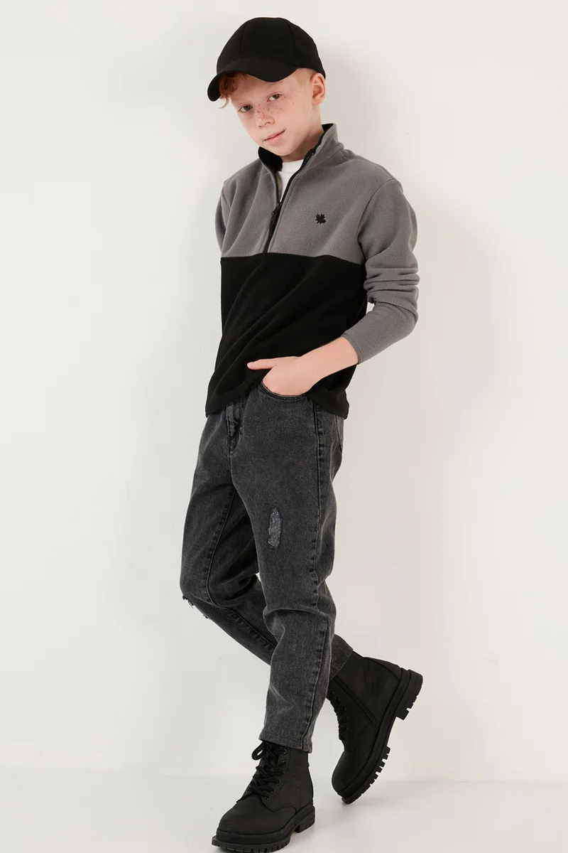 Lela Soft Textured Half Zipper Color Block Stand Collar Fleece Unisex Children's Fleece 5905004