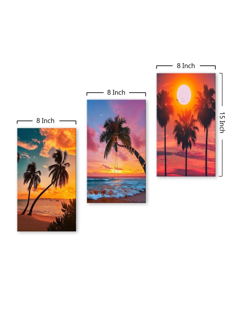 999STORE Beach Sunset With Palm Trees home room décor framed stylish modern wall frames hanging items for living (Set of 3 Panels Paper Print 24X15 Inches) MDF3Frames010 - Image 4