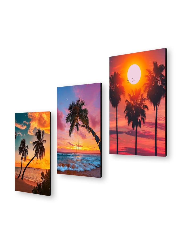 999STORE Beach Sunset With Palm Trees home room décor framed stylish modern wall frames hanging items for living (Set of 3 Panels Paper Print 24X15 Inches) MDF3Frames010 - Image 3