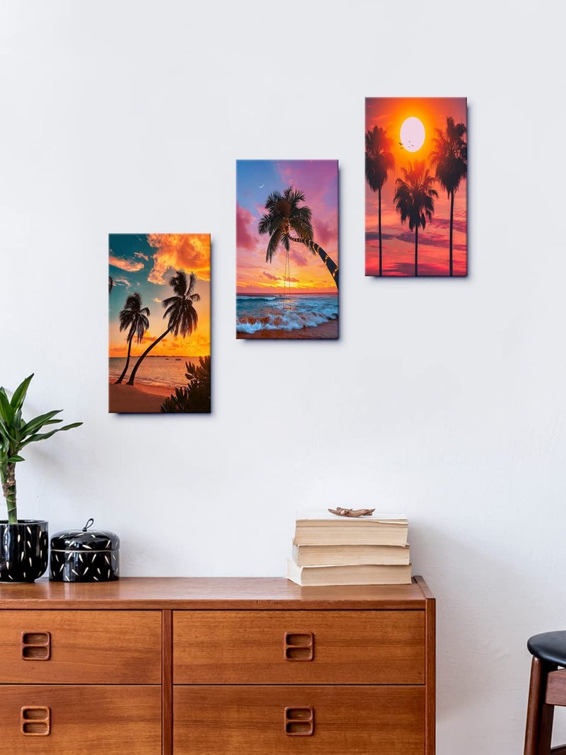 999STORE Beach Sunset With Palm Trees home room décor framed stylish modern wall frames hanging items for living (Set of 3 Panels Paper Print 24X15 Inches) MDF3Frames010 - Image 1