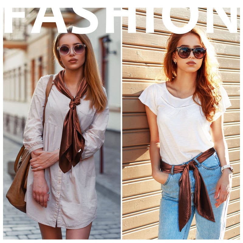 SATINIOR 35 Inch Silky Head Scarf 2 Pcs Large Square Neck Scarf Sleeping Hair Wrapping Satin Bandana for Women(Royal Blue, Brown, Classic) - Image 5