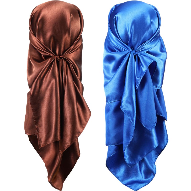 SATINIOR 35 Inch Silky Head Scarf 2 Pcs Large Square Neck Scarf Sleeping Hair Wrapping Satin Bandana for Women(Royal Blue, Brown, Classic) - Image 1
