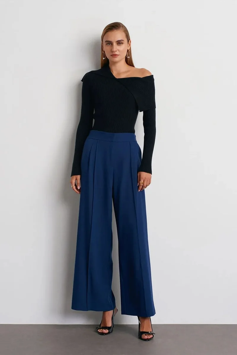Dilvin Navy Blue DILVIN High-Waist Wide-Leg Pleated Trousers for Women | Best Price UAE